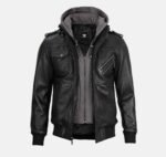 Falcon Black Men's Bomber Leather Jacket with Detachable Hood