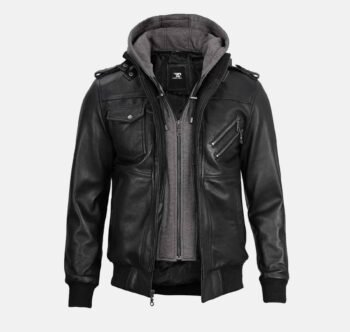 Falcon Black Men's Bomber Leather Jacket with Detachable Hood