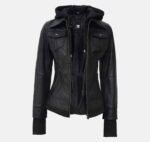 Trinity Black Bomber Leather Jacket with Hood