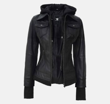 Trinity Black Bomber Leather Jacket with Hood